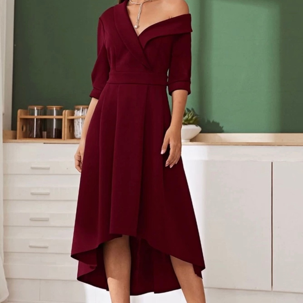 Shawl collar asymmetrical flare dress